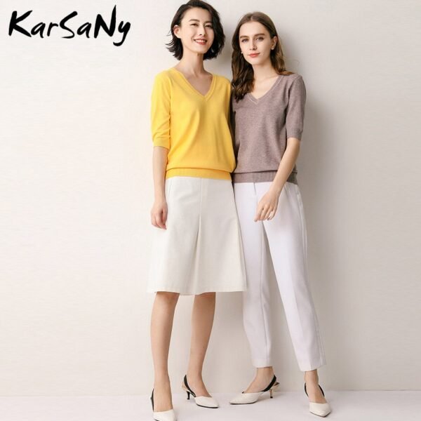 KarSany Half Sleeve Knitted Blouse Women Summer 2021 Ladies V-neck Blouses - Image 3