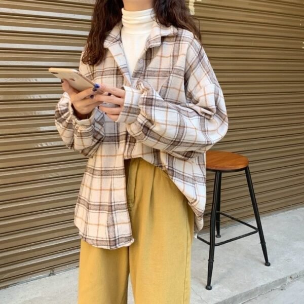 Women Plaid Warm Shirt Female Jacket Checked Coat Casual Turn-down Collar - Image 3