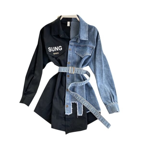 Women's Denim Shirt Color Contrast Patchwork Lace Up Blouse Shows Thin Versatile - Image 6