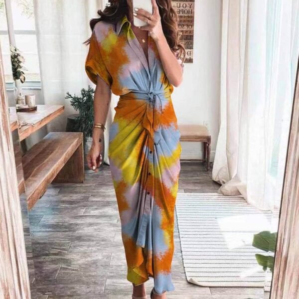 Women Shirt Dress Elegant Button Ruched Bandage Short Sleeve Solid V Neck - Image 4