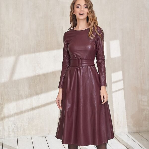 Belt Faux Leather Women Dresses Slim Fit Long Sleeve PU Dress New Arrival