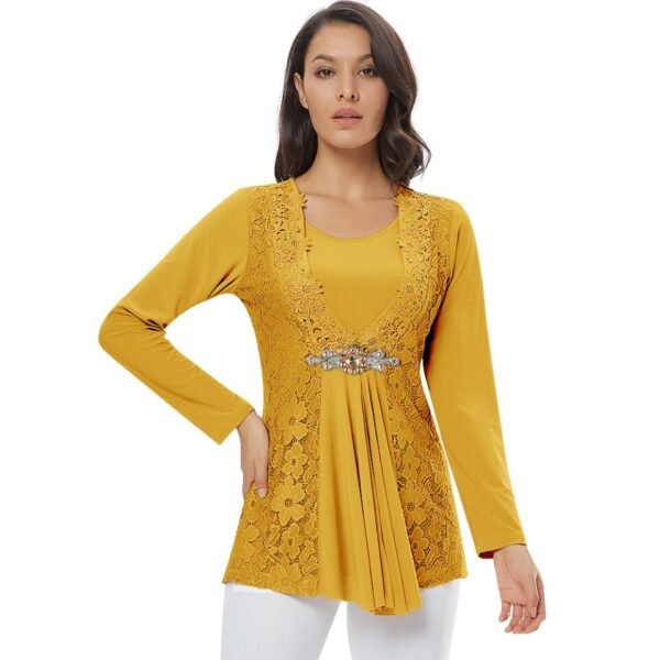 YTL Ladies Golden Diamond Waist Decoration Slim Tunic Tops Casual Party Long Sleeve - Image 3