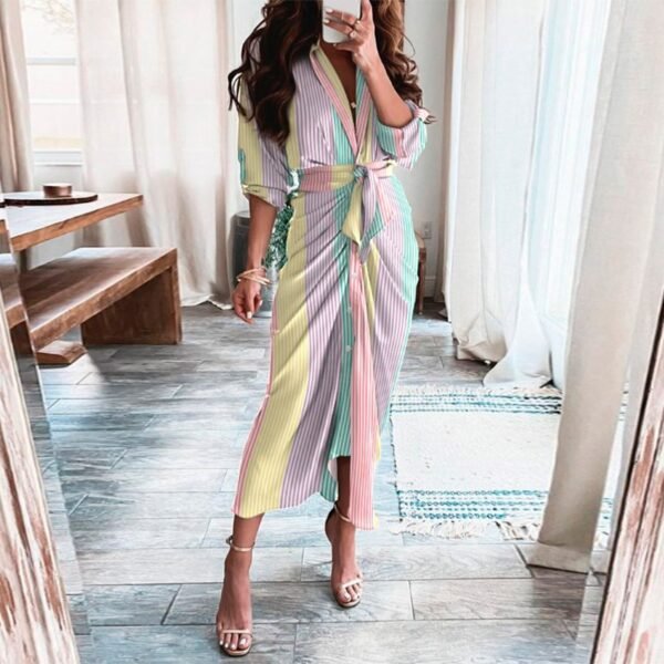 Women Shirt Dress Elegant Button Ruched Bandage Short Sleeve Solid V Neck - Image 3