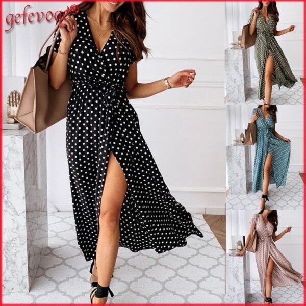 Polka Dot Boho Split Dress Vacation Casual Beach Long Dresses Women Clothing