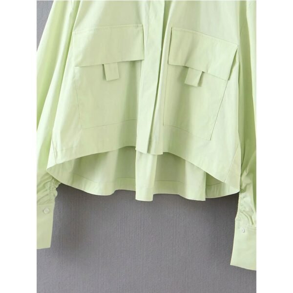 Casual england vintage solid green long sleeve za spring blouse women - Image 6