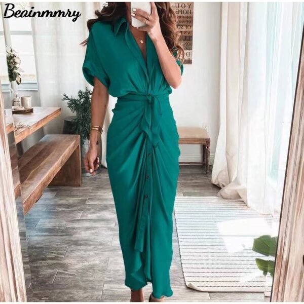 Women Shirt Dress Elegant Button Ruched Bandage Short Sleeve Solid V Neck