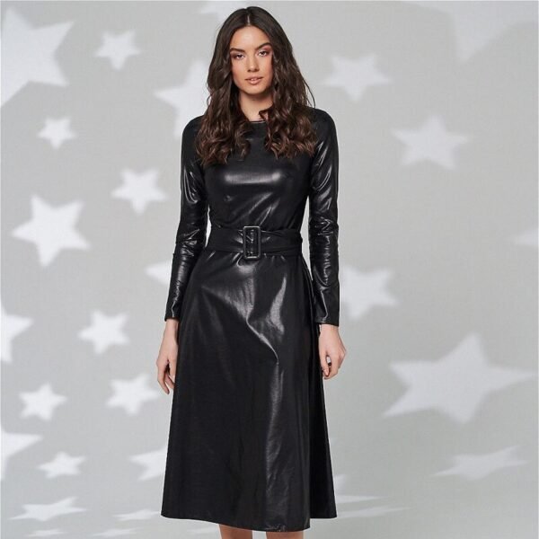 Belt Faux Leather Women Dresses Slim Fit Long Sleeve PU Dress New Arrival - Image 6