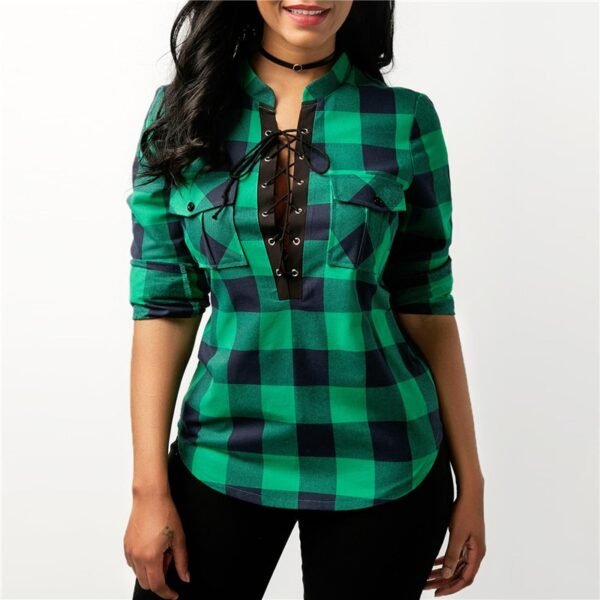 Plaid Shirt Women Casual Long Sleeve Blouse Sexy Deep V Neck Lace Up Women Tops - Image 3