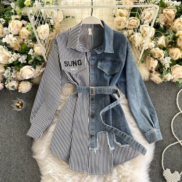 Women's Denim Shirt Color Contrast Patchwork Lace Up Blouse Shows Thin Versatile - Image 3