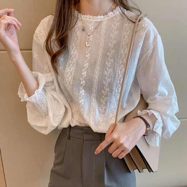 Women Loose White Chiffon Blouses Female Long Sleeve Lace Tops Feminina Blusas