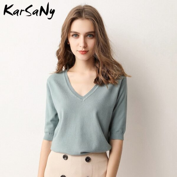 KarSany Half Sleeve Knitted Blouse Women Summer 2021 Ladies V-neck Blouses - Image 4