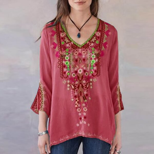 Blouses Women Casual V Neck Long Sleeve Floral Embroidery Blouse Top Loose Shirt - Image 4