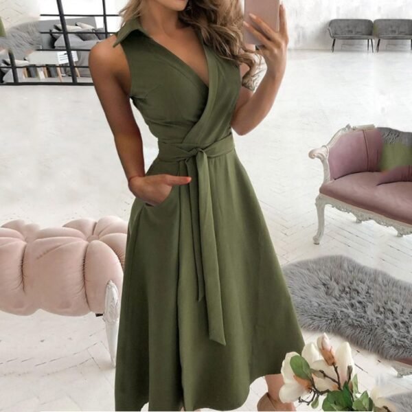Solid Color Lace-up Mid-length Party Dress V-neck Sleeveless Backless Dress - Image 3