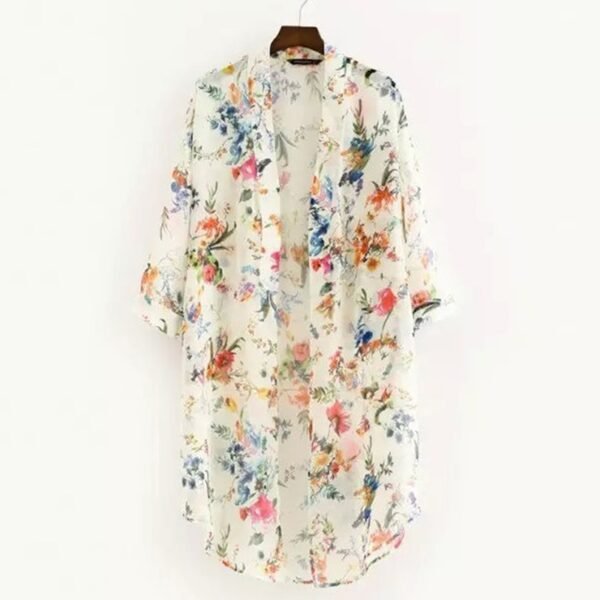 Women Vintage Floral Chiffon Shirts Small Fresh Simple Long Sunscreen Blouse