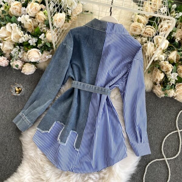 Women's Denim Shirt Color Contrast Patchwork Lace Up Blouse Shows Thin Versatile - Image 5