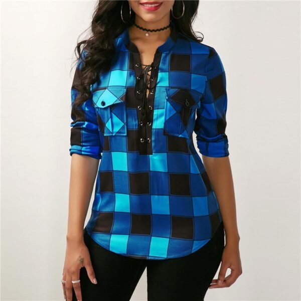 Plaid Shirt Women Casual Long Sleeve Blouse Sexy Deep V Neck Lace Up Women Tops - Image 2