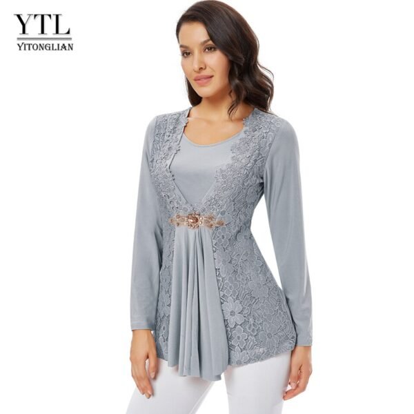 YTL Ladies Golden Diamond Waist Decoration Slim Tunic Tops Casual Party Long Sleeve