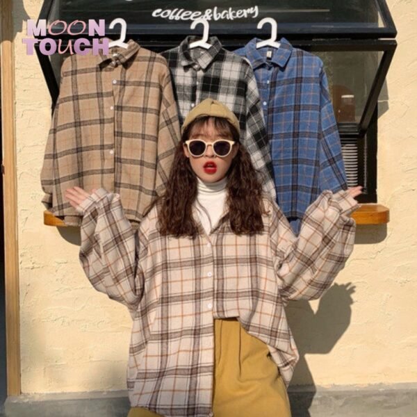 Women Plaid Warm Shirt Female Jacket Checked Coat Casual Turn-down Collar