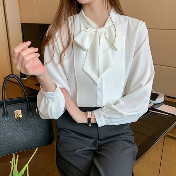 New Bow White Blouse Button Office Lady Long Sleeve Blue Chiffon Shirt - Image 5