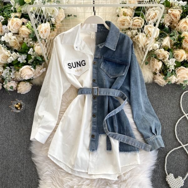 Women's Denim Shirt Color Contrast Patchwork Lace Up Blouse Shows Thin Versatile - Image 2