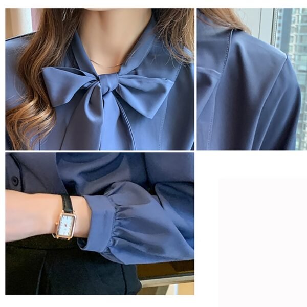 New Bow White Blouse Button Office Lady Long Sleeve Blue Chiffon Shirt - Image 6