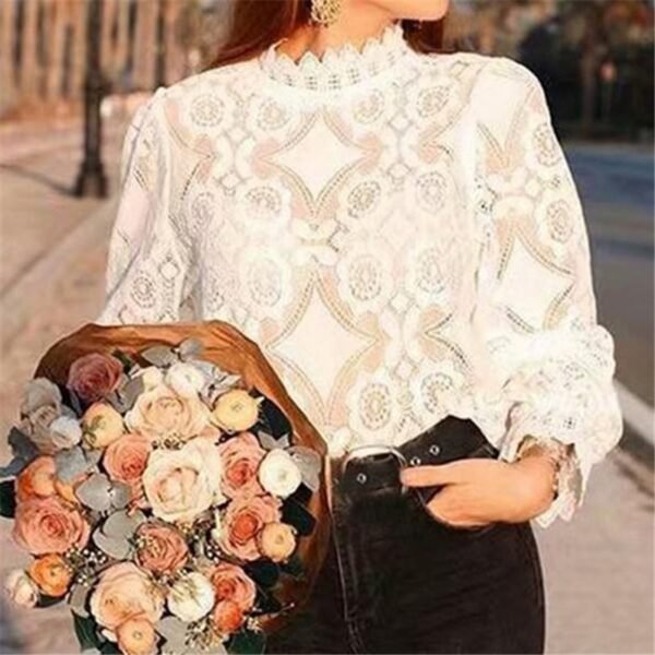 Women Lace Blouse Elegant Formal Embroidery Long Sleeve White Shirts Office Lady - Image 2