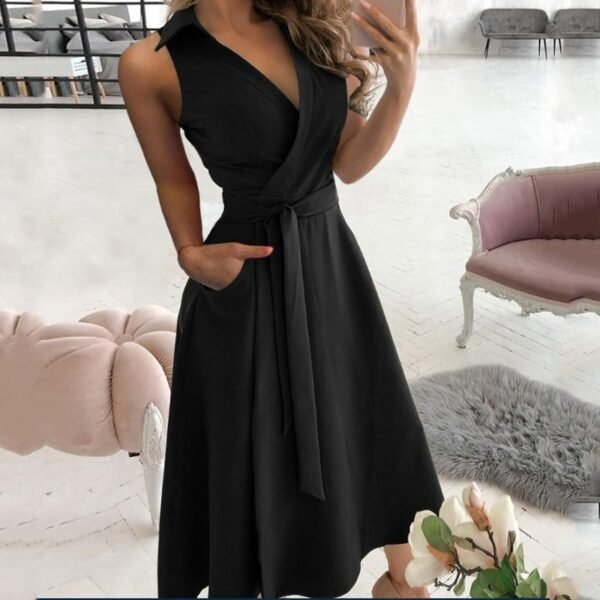 Solid Color Lace-up Mid-length Party Dress V-neck Sleeveless Backless Dress