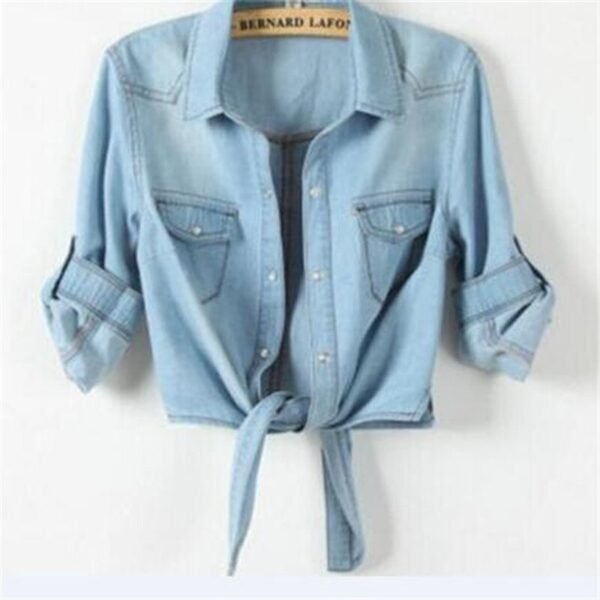 Summer Casual cropped sleeves Shirt women 2020 Denim cotton short Shirts - Image 2