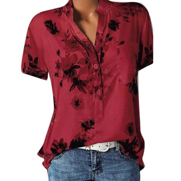 Elegant women's shirt printing large size casual shirt fashion V-neck short-sleeved - Image 2
