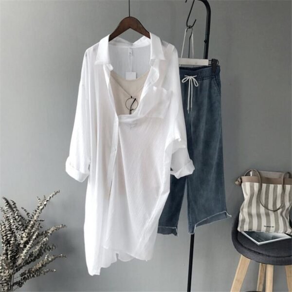 High quality loose Blouse TopsCotton Casual White Long Blouse Long Sleeve - Image 2