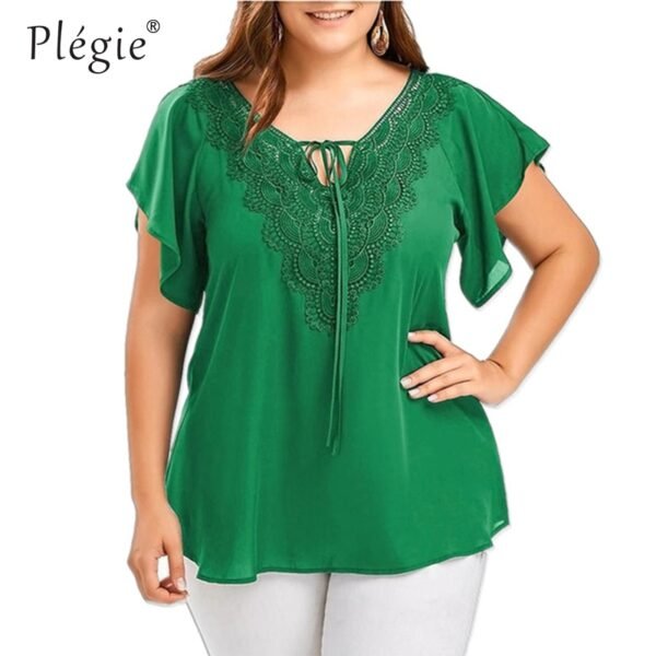 Plegie Plus Size Lace Patchwork Shirt Womens Tops And Blouses Short Sleeve Big Size - Image 2