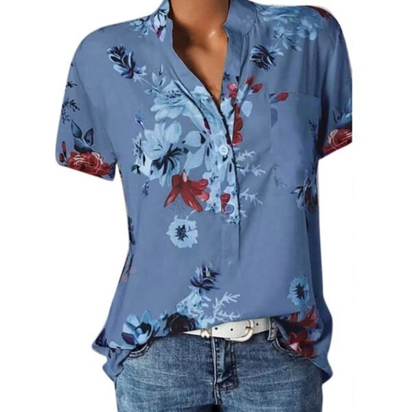 Elegant women's shirt printing large size casual shirt fashion V-neck short-sleeved - Image 3