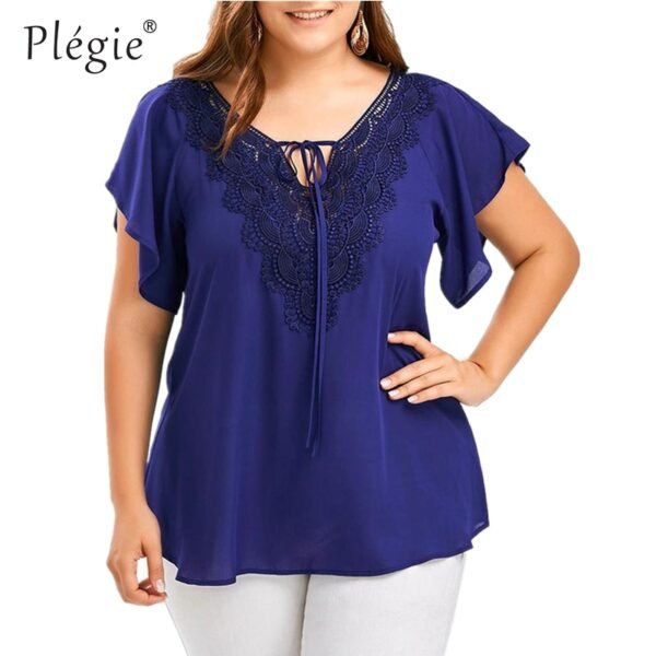 Plegie Plus Size Lace Patchwork Shirt Womens Tops And Blouses Short Sleeve Big Size - Image 5