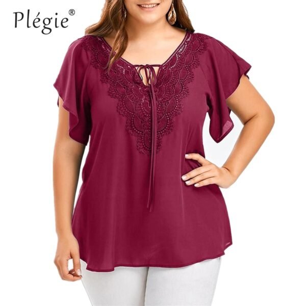 Plegie Plus Size Lace Patchwork Shirt Womens Tops And Blouses Short Sleeve Big Size - Image 4