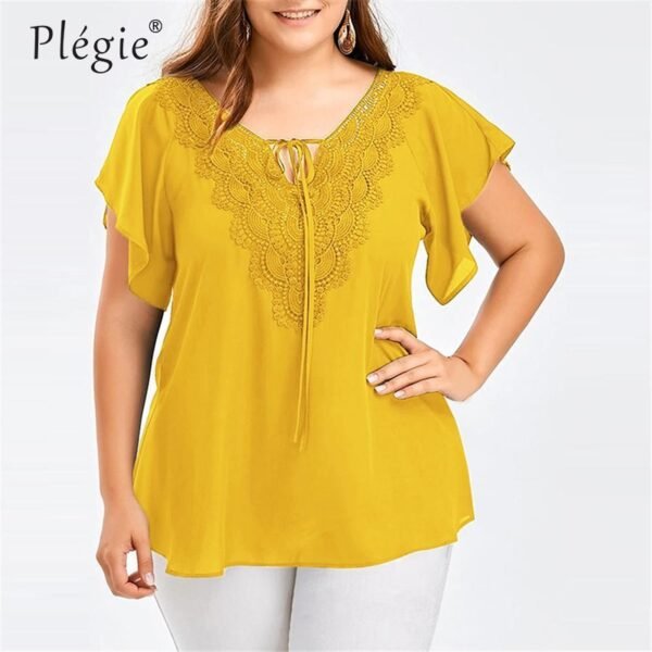 Plegie Plus Size Lace Patchwork Shirt Womens Tops And Blouses Short Sleeve Big Size - Image 6