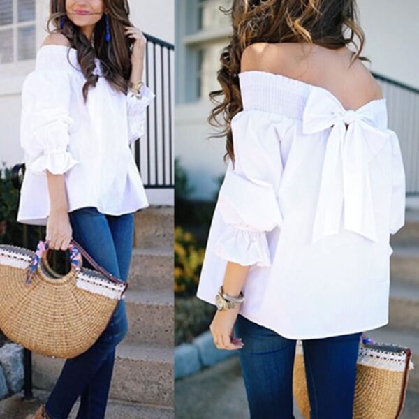 Women Sexy Off Shoulder Spring Summer Strapless Blouse Women Bow-knot Tops