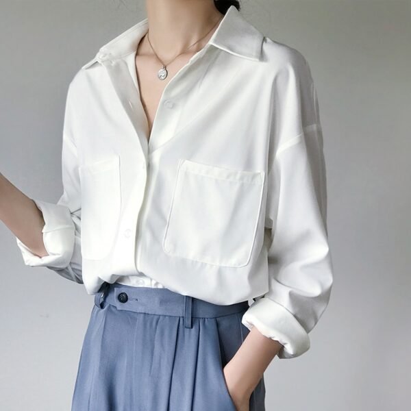 OL Style White Shirts for Women Turn-down Collar Pockets Women Blouse Tops