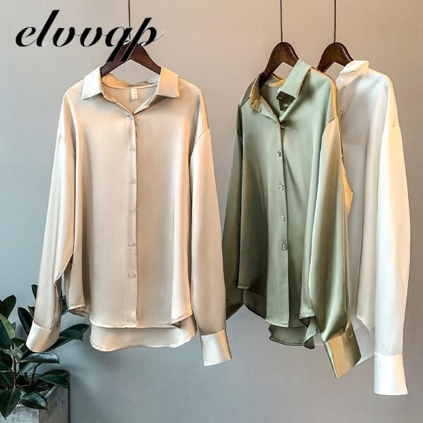 High Quality Elegant Imitation Silk Blouse Women Long Sleeves Satin Blouse