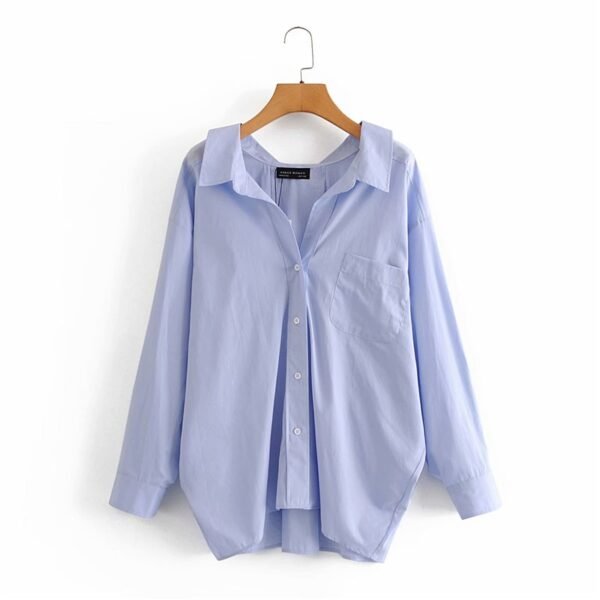 Evfer Za Blue Loose Poplin Shirts Long Sleeve Single Breasted Turn-down Collar Blouse