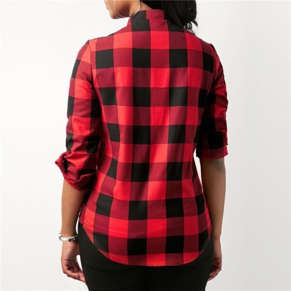 Plaid Shirt Women Casual Long Sleeve Blouse Sexy Deep V Neck Lace Up Women Tops - Image 5