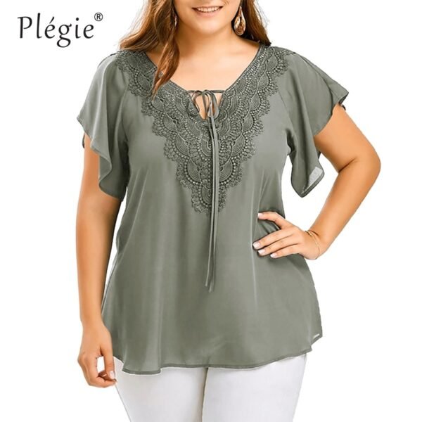 Plegie Plus Size Lace Patchwork Shirt Womens Tops And Blouses Short Sleeve Big Size