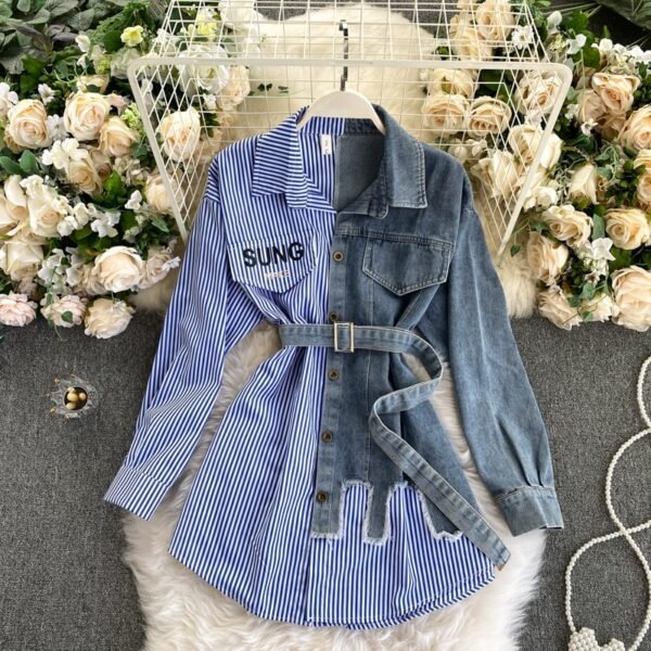 Women's Denim Shirt Color Contrast Patchwork Lace Up Blouse Shows Thin Versatile - Image 4