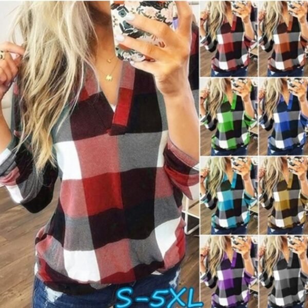 Women Casual Shirts Plaid Tops And Blouses Long Sleeve Red Ladies Plaid Shirts - Image 2