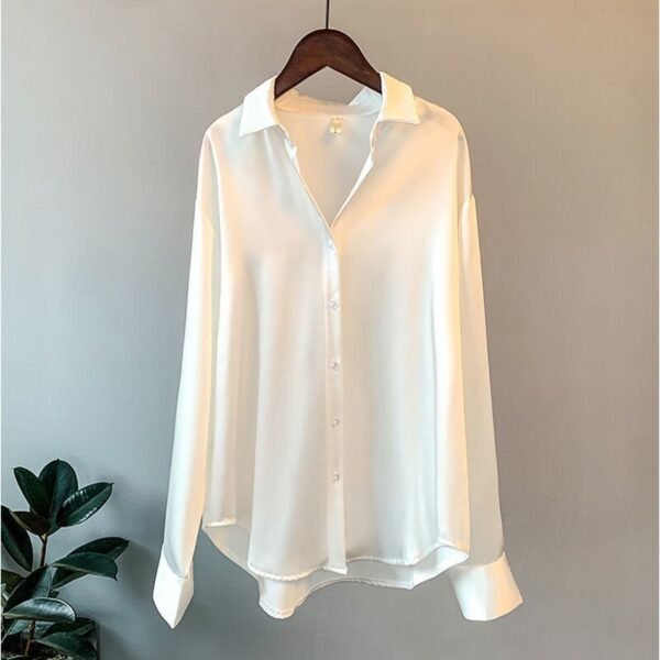 High Quality Elegant Imitation Silk Blouse Women Long Sleeves Satin Blouse - Image 6