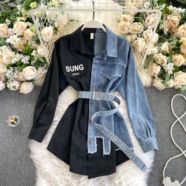 Women's Denim Shirt Color Contrast Patchwork Lace Up Blouse Shows Thin Versatile