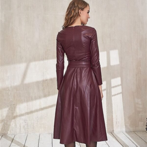 Belt Faux Leather Women Dresses Slim Fit Long Sleeve PU Dress New Arrival - Image 2
