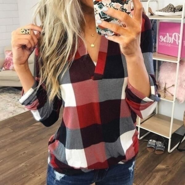 Women Casual Shirts Plaid Tops And Blouses Long Sleeve Red Ladies Plaid Shirts