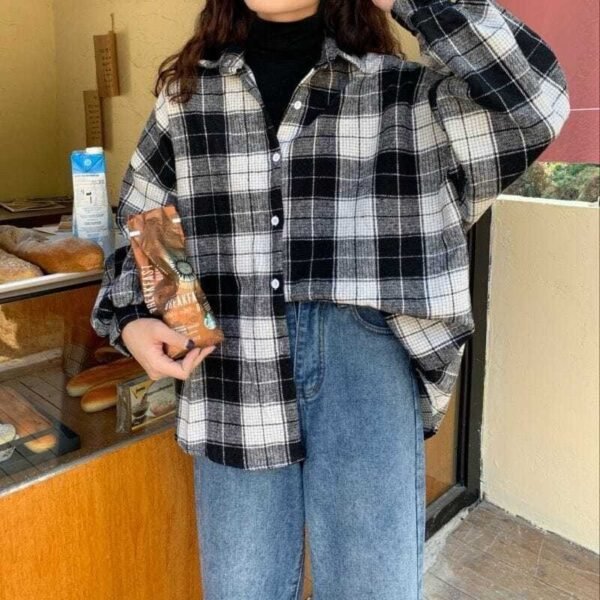 Women Plaid Warm Shirt Female Jacket Checked Coat Casual Turn-down Collar - Image 5