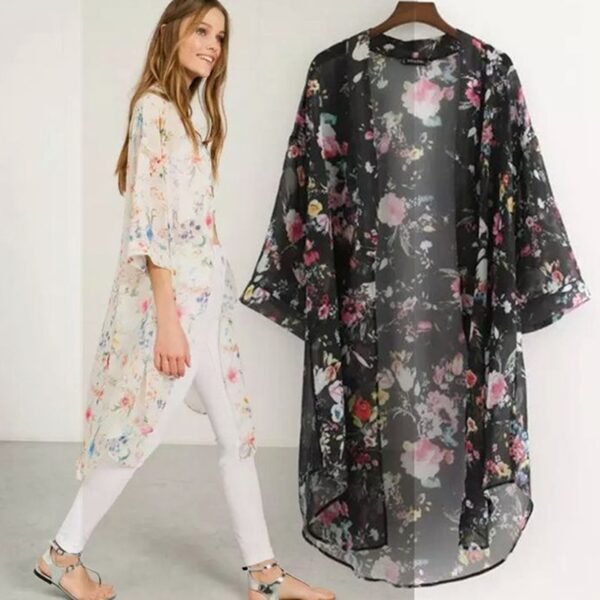 Women Vintage Floral Chiffon Shirts Small Fresh Simple Long Sunscreen Blouse - Image 2