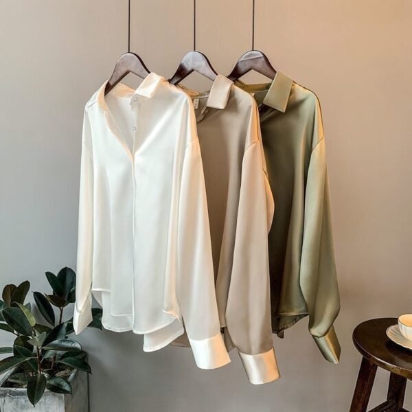 High Quality Elegant Imitation Silk Blouse Women Long Sleeves Satin Blouse - Image 2
